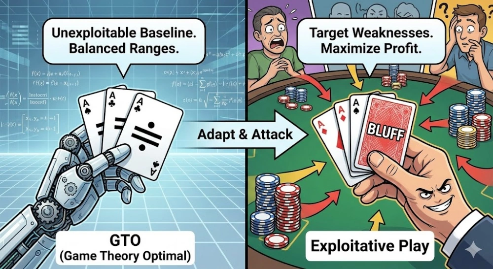 GTO vs Exploitative: เมื่อไหร่ควรเป็น "หุ่นยนต์" และเมื่อไหร่ควรเป็น "นักล่า"?